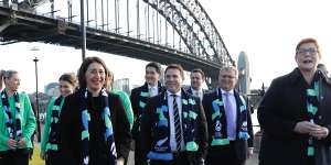 FA chief executive James Johnson with NSW Premier Gladys Berejiklian on the morning after the 2023 Women’s World Cup hosting rights were awarded to Australia and New Zealand.