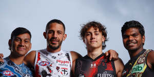 Tex Wanganeen (Essendon) and Maurice Rioli (Richmond) promoted their Indigenous jumpers on Monday ahead of Saturday night’s Dreamtime at the ’G.