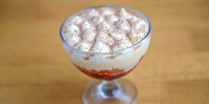 Tipsy trifle,made with fig-leaf custard,cherries and a whack of Bailey’s.