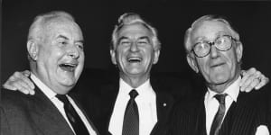Former Prime Ministers Gough Whitlam,Bob Hawke and Malcolm Fraser appear together on June 29,1992 for the 100th episode of Face the Press on SBS Television. 