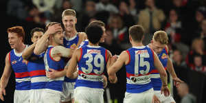 Tim English of the Bulldogs celebrates after scoring a goal during the round six AFL match between against the St Kilda Saints.