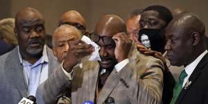 George Floyd’s brother,Philonise Floyd,wipes his eyes during a news conference after the verdict. 