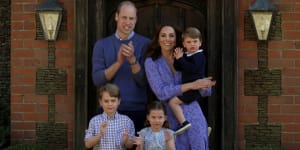 Pictured in April,the Cambridges and their children,Prince George,7,Princess Charlotte,5,and Prince Louis,3.