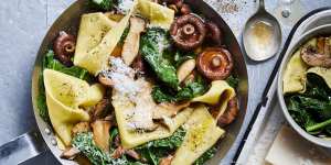 Parmesan and mushroom pasta soup. Image rotated.Â SageÂ CreativeÂ autumn/winter recipes for Good Food online and Home Front. August 2022. Good Food use only. Please credit James Moffatt