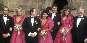 Patti Mostyn,centre,with the bridal party at the 1984 Sydney wedding.