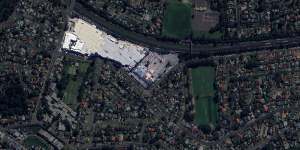 A satellite shot of the Winston Hotel (right highlighted section) and the Winston Hills Shopping Centre and strata apartments (left).