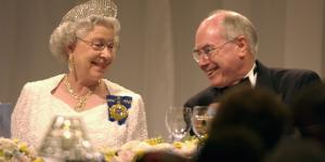 Queen Elizabeth II with prime minister John Howard at a dinner at the Festival Centre February 27,2002 in Adelaide.
