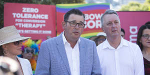 State Equality Minister Martin Foley next to Premier Daniel Andrews at the St Kilda Pride March.