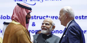 Saudi Arabian Crown Prince Mohammed bin Salman Al Saud,US President Joe Biden,and Indian Prime Minister Narendra Modi.