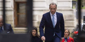 Britain's Foreign Secretary Dominic Raab leaves a meeting in Downing Street,London.