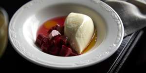 “Bloody good” vanilla panna cotta with rhubarb and olive oil.