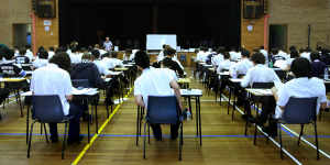 Sydney Secondary College students at the end of the Mathematics and Math Extention 2 HSC exams at the Blackwattle Bay Campus in Glebe.