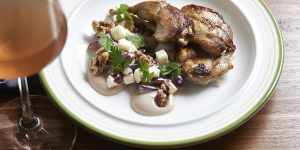 Roasted quail with Waldorf salad and hazelnut puree. 