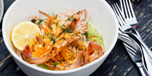 Confit garlic and chilli barbecue prawns with buttermilk,avocado and parsley recipe.