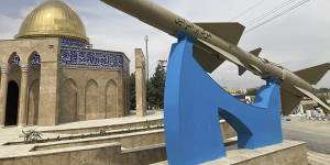 A missile is on display with a sign on it reading in Farsi:“Death to Israel” in front of a mosque in the shape of Dome of the Rock of Jerusalem at an entrance of the Quds town west of the capital Tehran,Iran.