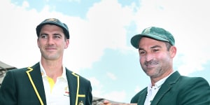 Test captains Pat Cummins of Australia and Dean Elgar of South Africa at the Gabba on Friday