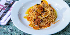 Spaghetti with nduja,clams,white wine.