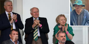 Enjoying the action at Lord’s were (from left,back row) former deputy prime minister of Australia Michael McCormack;former PM John Howard and his wife Janette Howard;and (front row) chair of Cricket Australia and former NSW premier Mike Baird and manager of Tottenham Hotspur FC Ange Postecoglou. Inset:NSW politician Mark Latham.