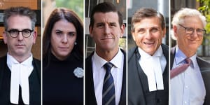 Ben Roberts-Smith (centre) and some of the major players in his long-running defamation trial. From left:Nine silk Nicholas Owens,SC;Roberts-Smith’s wife Emma Roberts,his silk Arthur Moses,SC;and Seven commercial director Bruce McWilliam.