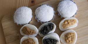 A set of mixed mochi,round and spongy rice desserts.