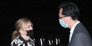 United States Senator Marsha Blackburn is greeted by Douglas Yu-Tien Hsu,Director-General,Taiwan’s department of North American Affairs,as she arrives on a plane in Taipei.