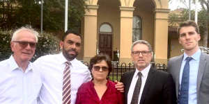 Neil Wilkins (left),stepfather of police shooting victim Todd McKenzie,with Todd’s mother,June Wilkins,and solicitors from the National Justice Project.