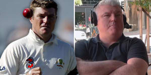 Former Test cricketer Stuart MacGill (left) in 2003 and (right) talking to former teammate-turned-podcaster Shane Lee about his kidnapping ordeal.