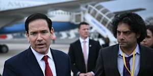 US Secretary of State Marco Rubio speaks to reporters after a G7 meeting of foreign ministers.