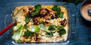 Chicken meatballs with coconut rice,herbs,bok choy and spicy mayo.