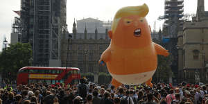 A six-metre high cartoon baby blimp of US President Donald Trump is flown as a protest against his 2018 visit to Britain.