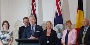 South Australian health minister Chris Picton,Queensland health minister Tim Nicholls (speaking) and Tasmanian health minister Bridget Archer.