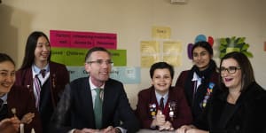Premier Dominic Perrottet and Education Minister Sarah MItchell with students at Cheltenham Girls High 