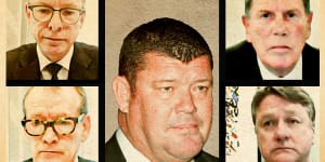 The question of James Packer's influence has long hung over Crown. James Packer (centre),with (clockwise from top left) Ken Barton,Guy Jalland,Michael Johnston,and John Alexander. 
