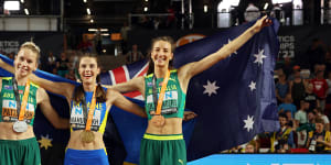 Silver medallist Eleanor Patterson,Ukraine’s gold medallist Yaroslava Mahuchikh and bronze medallist Nicola Olyslagers were on the podium in the women’s high jump.