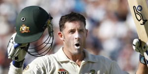Michael Hussey celebrates a fifth Test hundred at The Oval in 2009.