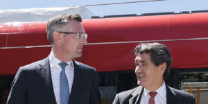 Premier Dominic Perrottet,left,and Parramatta MP Geoff Lee showcased the Parramatta light rail line in December.