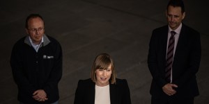 Transport Minister Jo Haylen on Tuesday,flanked by Sydney Metro chief executive Peter Regan,left,and Transport for NSW secretary Josh Murray.