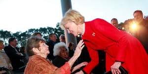 Margaret Olley greats fellow Queenslander Quentin Bryce at an event at the National Gallery of Australia in 2010.