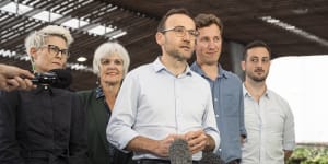 Greens leader Adam Bandt (front) in Brisbane with Senator-elect Penny Allman-Payne,successful candidates Elizabeth Watson-Brown (Ryan) and Max Chandler-Mather (Griffith),and Brisbane candidate Stephen Bates.