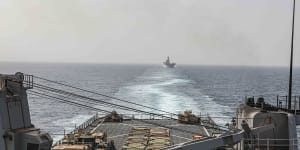 The amphibious dock landing ship USS Carter Hall and amphibious assault ship USS Bataan transit the Bab al-Mandeb strait in August.