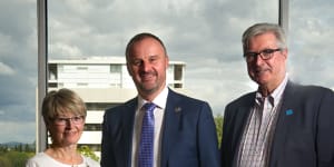 Chief Minister Andrew Barr (centre) at the founding round announcement with the chair of the Hands Across Australia board,Diane Kargas Bray,and chief executive Peter Gordon. Photo:Elesa Kurtz