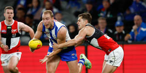 Ben McKay is tackled by Jack Steele in Sunday’s clash.