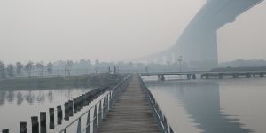 Melbourne blanketed by smoke,as seen from Yarraville on Tuesday morning.