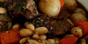 Braised beef cheeks with cannellini beans.
