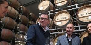Nothing to celebrate yet:Premier Daniel Andrews visiting Brown Brothers Winery on Monday.