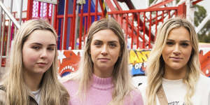 Ellie Thorburn (left),Leah Thorburn (centre) and Kelly Bell (right) after riding the Rebel Coaster.