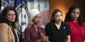 'The Squad':The four elected representatives - From left,Rashida Tlaib,llhan Omar,Alexandria Ocasio-Cortez,and Ayanna Pressley - react to Donald Trump's racist remarks.