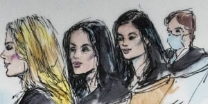 In this courtroom artist sketch,Khloe Kardashian,from left,Kim Kardashian,Kylie Jenner and Kris Jenner sit in court in Los Angeles.