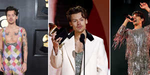 Three of Harry Styles’ Grammys looks.