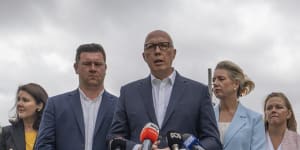 Opposition leader Peter Dutton was flanked by federal colleagues in Frankston on Friday.